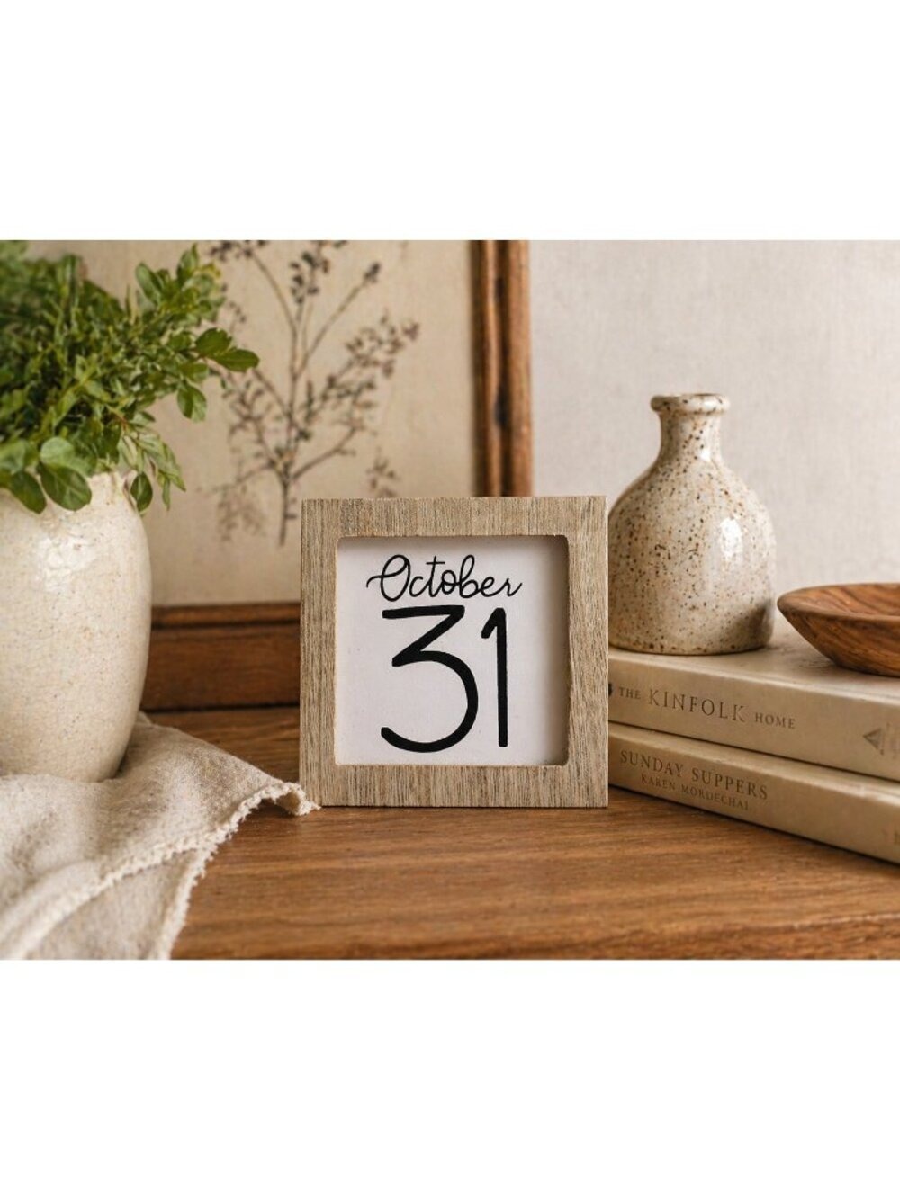 Halloween Mini Hanging October 31 Sign Wooden Frame Accent Rustic Black White
